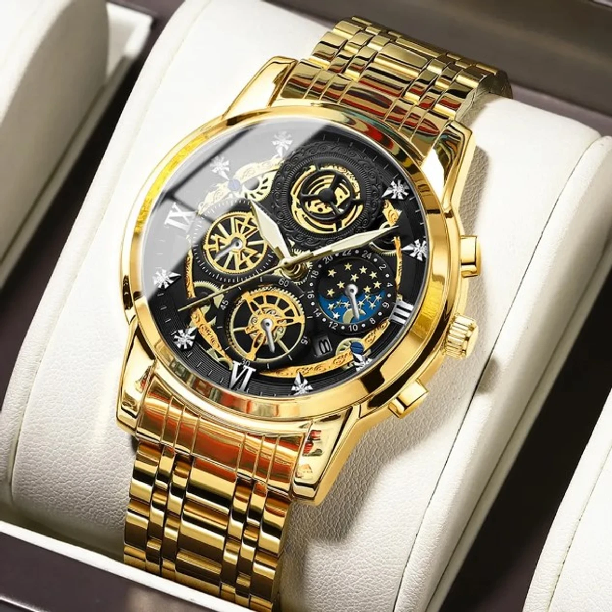 Waterproof Stainless Steel Quartz Analog Fashion Business Sun Moon Star Wristwatches Top Brand Gold