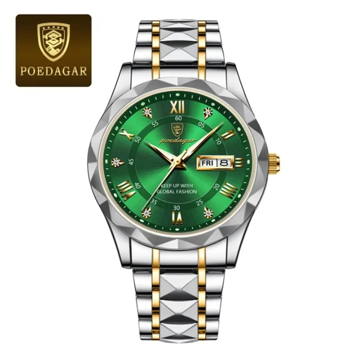 POEDAGAR Luxury Men Watches Business Top Brand Man Wristwatch Waterproof Luminous Date Week Quartz Men's Watch High Quality+Box-Silver&Green