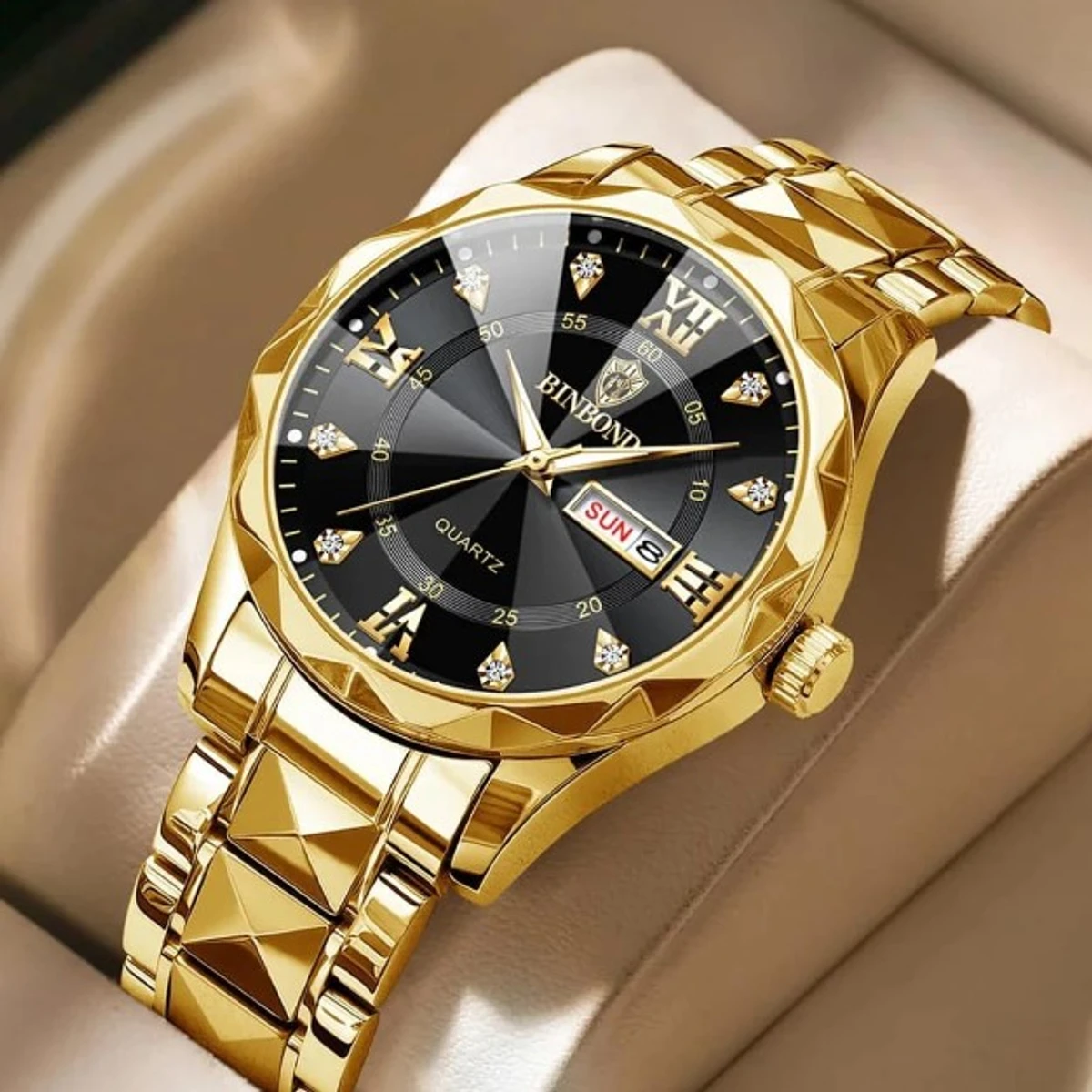 Luxury Binbond authentic men's watch waterproof night light dual calendar watch men's quartz watch diamond ceiling glass- Golden & Black