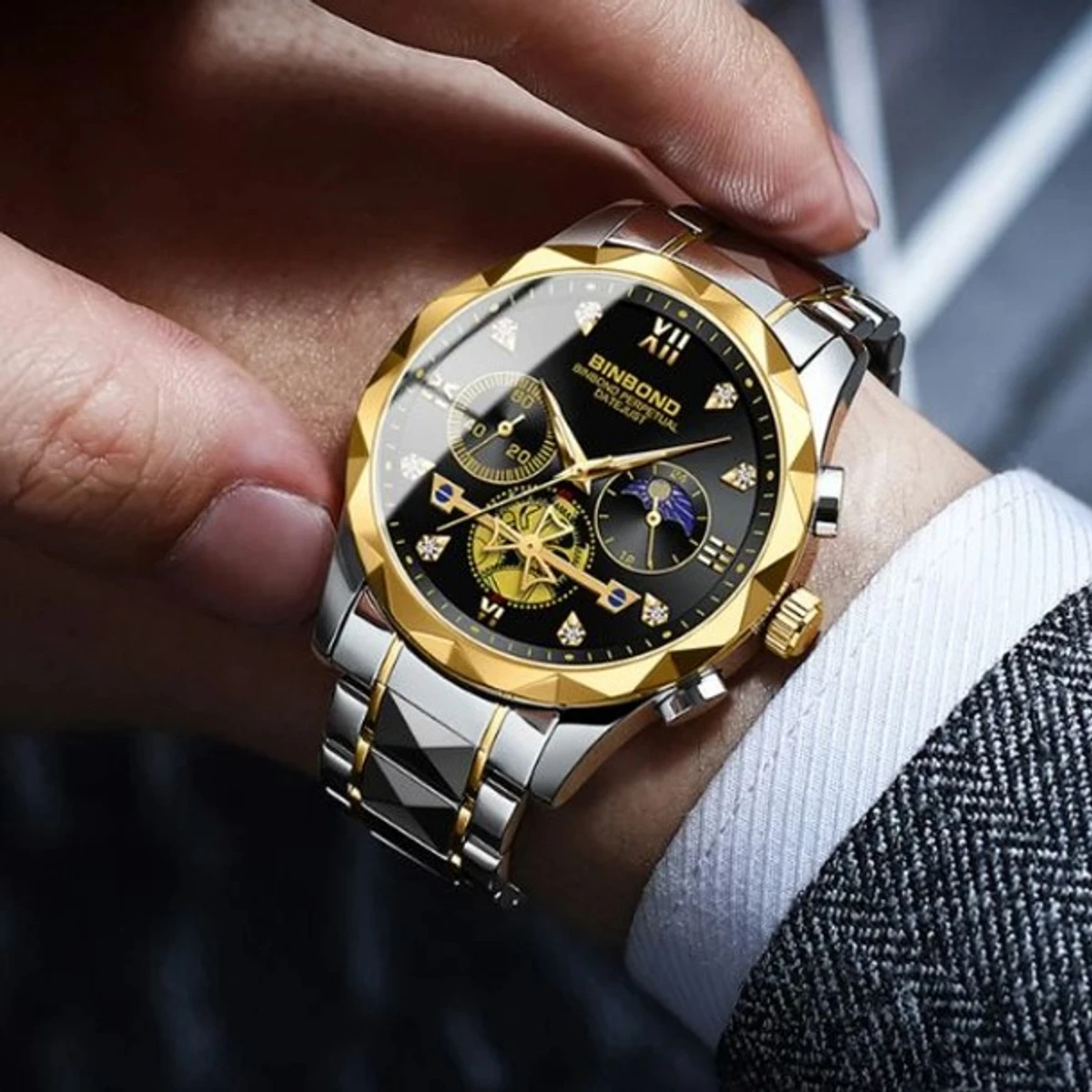 2023 New Luxury Binbond Brand Men's Luminous Watches Stainless Steel Waterproof Chronograph watch - Toton ar Dial Black