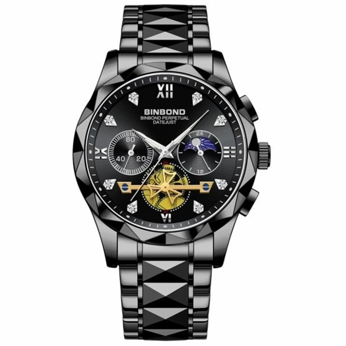 2023 New Luxury Binbond Brand Men's Luminous Watches Stainless Steel Waterproof Chronograph watch - Black